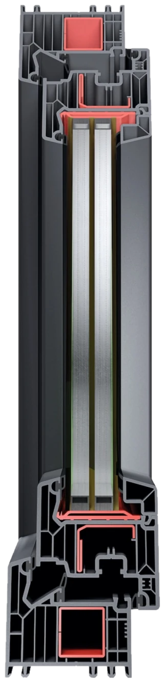 Cross-section of a Megabuild window frame and sash profile with an insulated glass unit